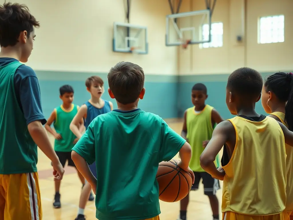 A diverse group of children practicing basketball drills in a school gymnasium, with a coach demonstrating proper technique. The atmosphere is supportive and encouraging.