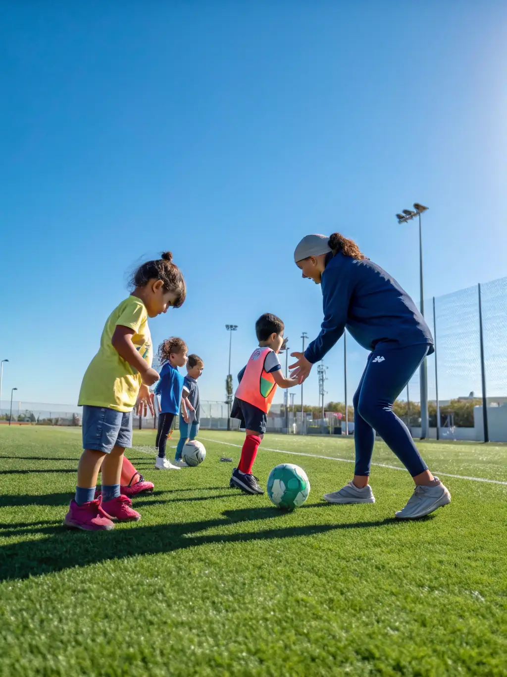A group of young children, aged 5-7, are enthusiastically participating in a soccer drill on a green field, led by a coach in Al Nukhba Sport Academy uniform. The focus is on fun and basic skill development.