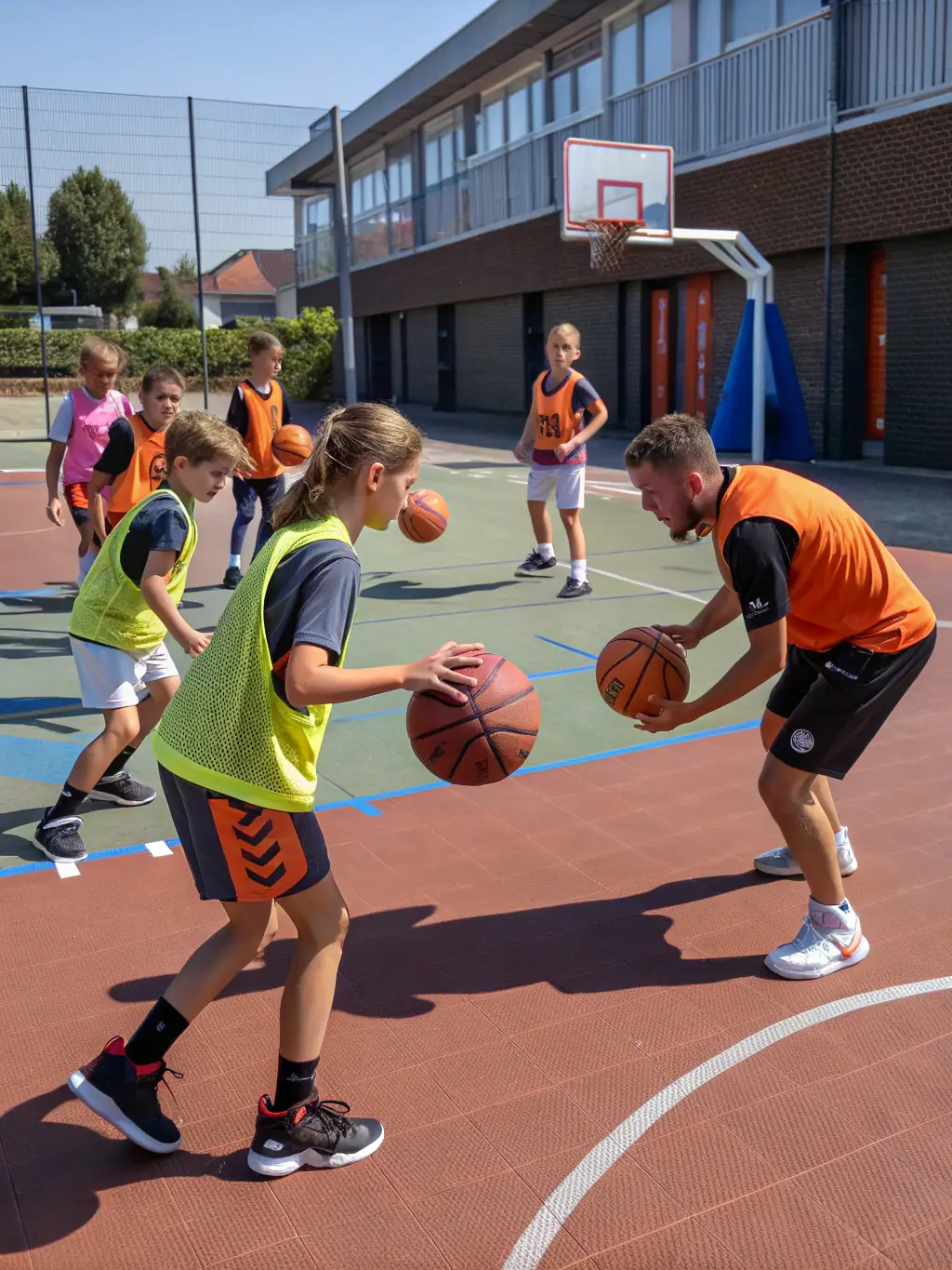 A group of children aged 8-11 are playing basketball, focusing on dribbling and passing skills, with a coach providing guidance. The setting is a school gymnasium.