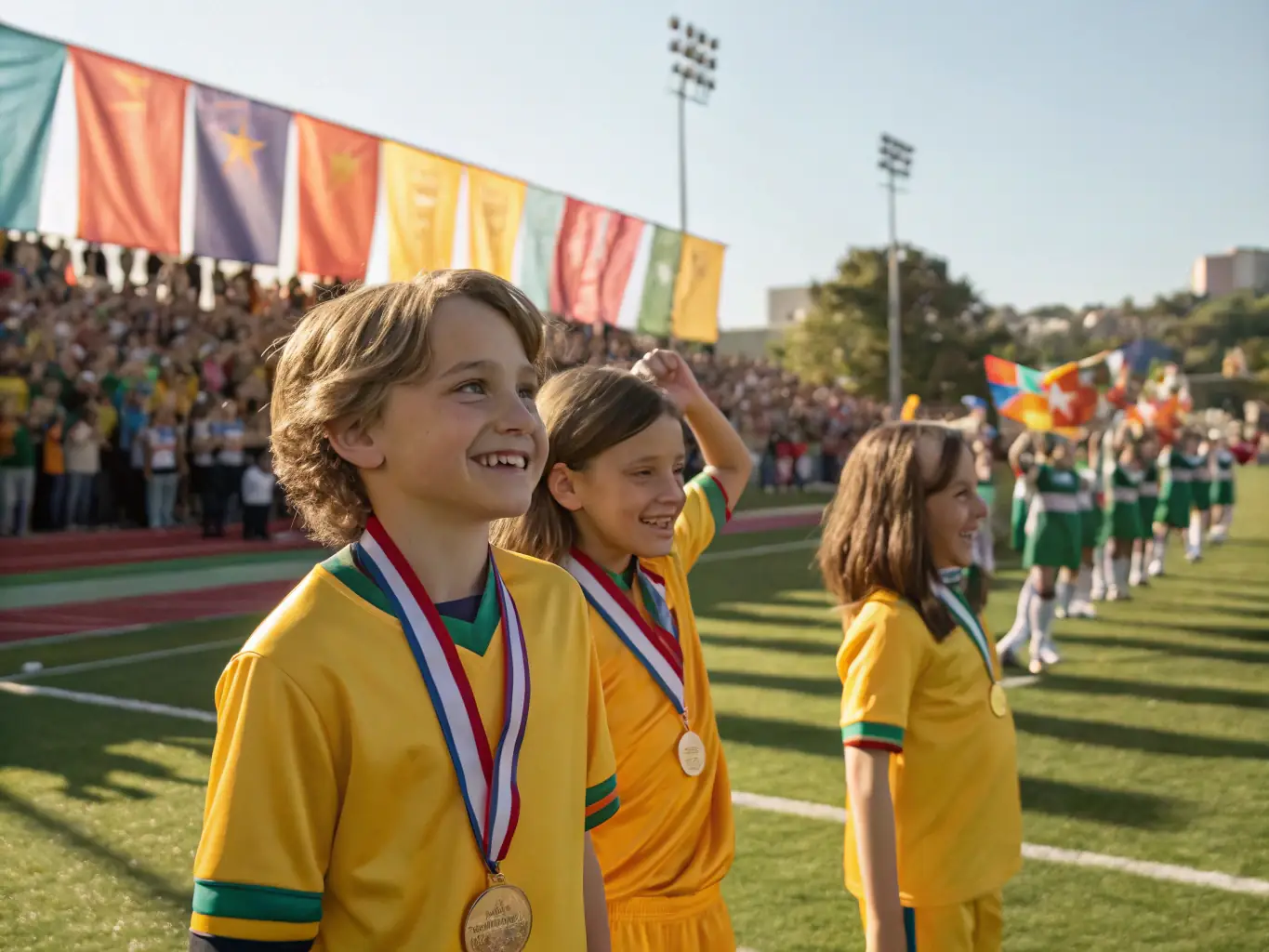 A group of children laughing and high-fiving each other after a successful drill during an ANSA UAE sports program at a school in Dubai. The coach is smiling in the background, fostering a positive and encouraging atmosphere.