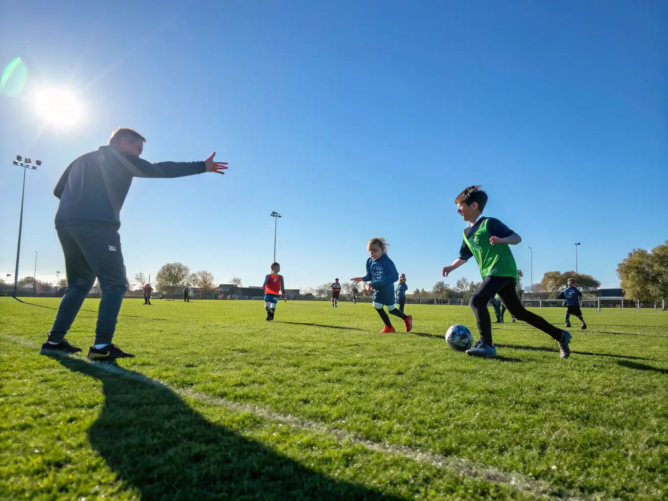 A group of young children playing soccer on a green field, with a coach providing guidance and encouragement. The scene is bright and energetic, capturing the fun and excitement of the sport.