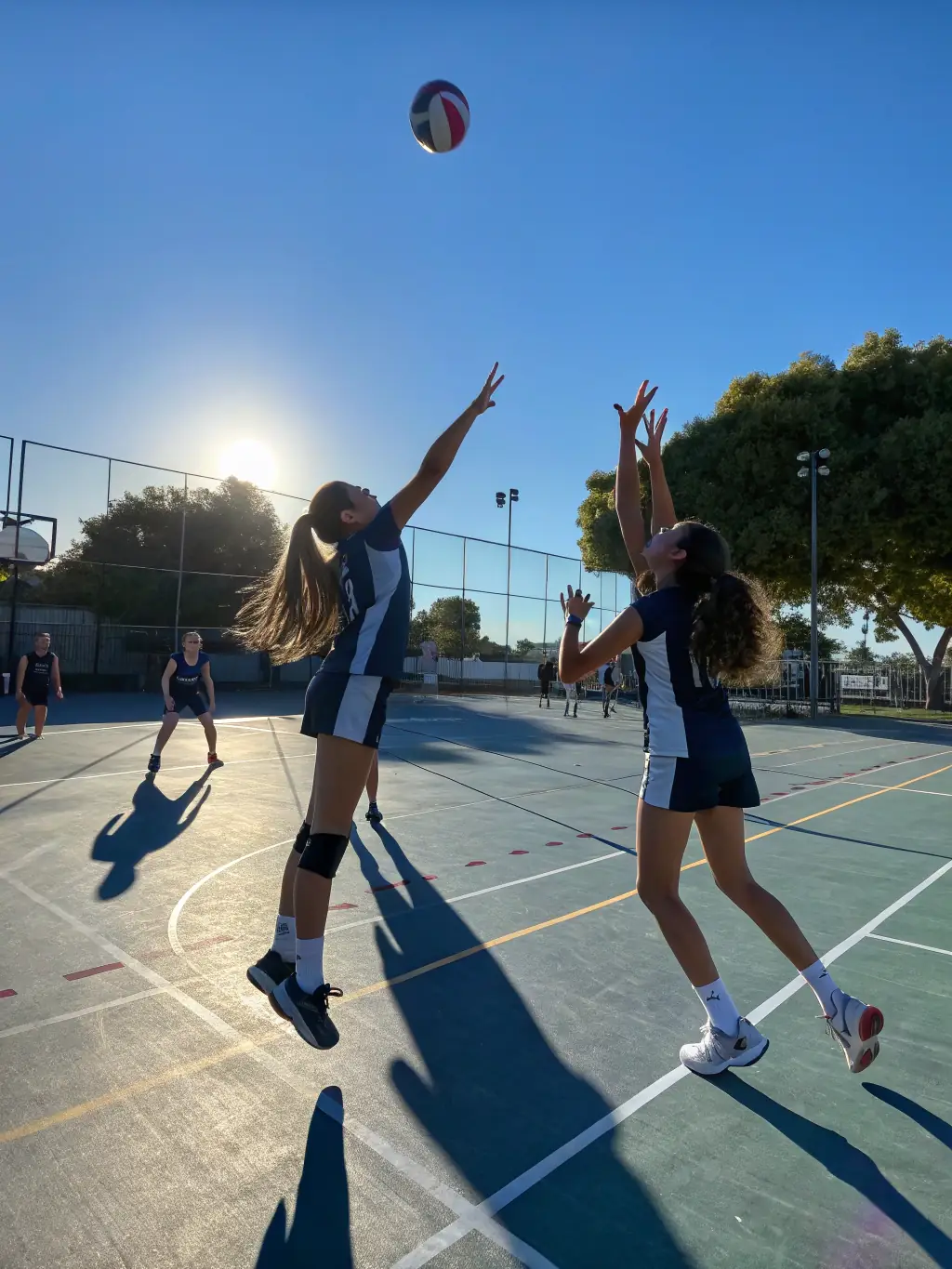 Teenagers aged 12-15 are engaged in a competitive volleyball match, demonstrating teamwork and strategic play. A coach is observing and providing feedback.