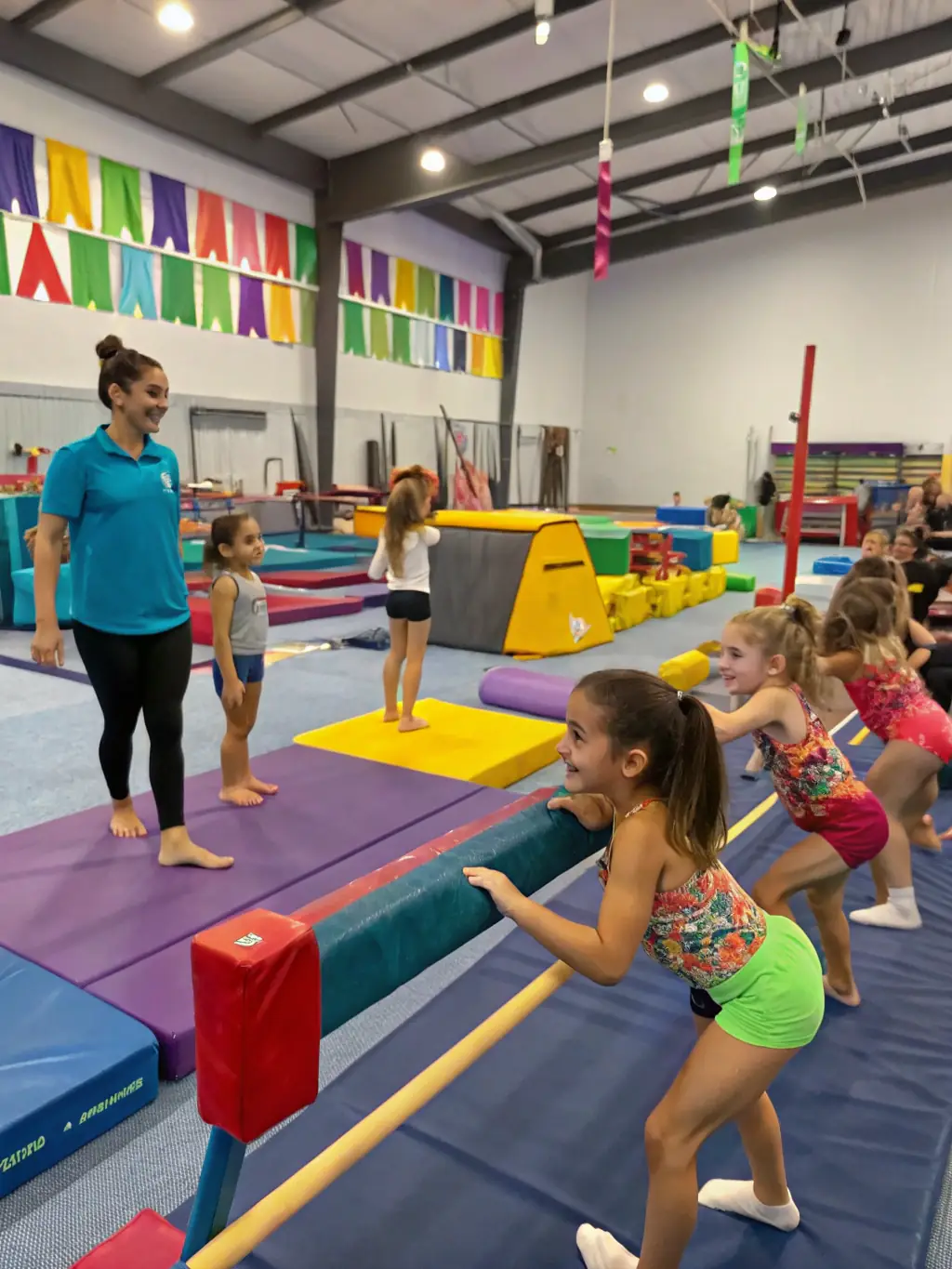 A group of children are practicing gymnastics, focusing on flexibility and balance, with a qualified coach providing instruction. The setting is a well-equipped gymnastics facility.