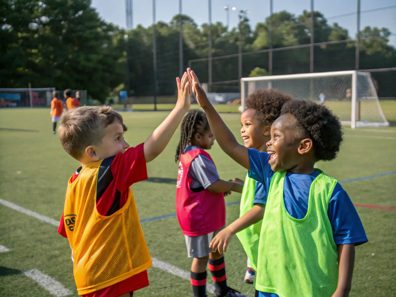 Children working together as a team during a game at an ANSA UAE sports program in Dubai. They are communicating effectively, strategizing, and supporting each other, demonstrating the importance of teamwork and collaboration.