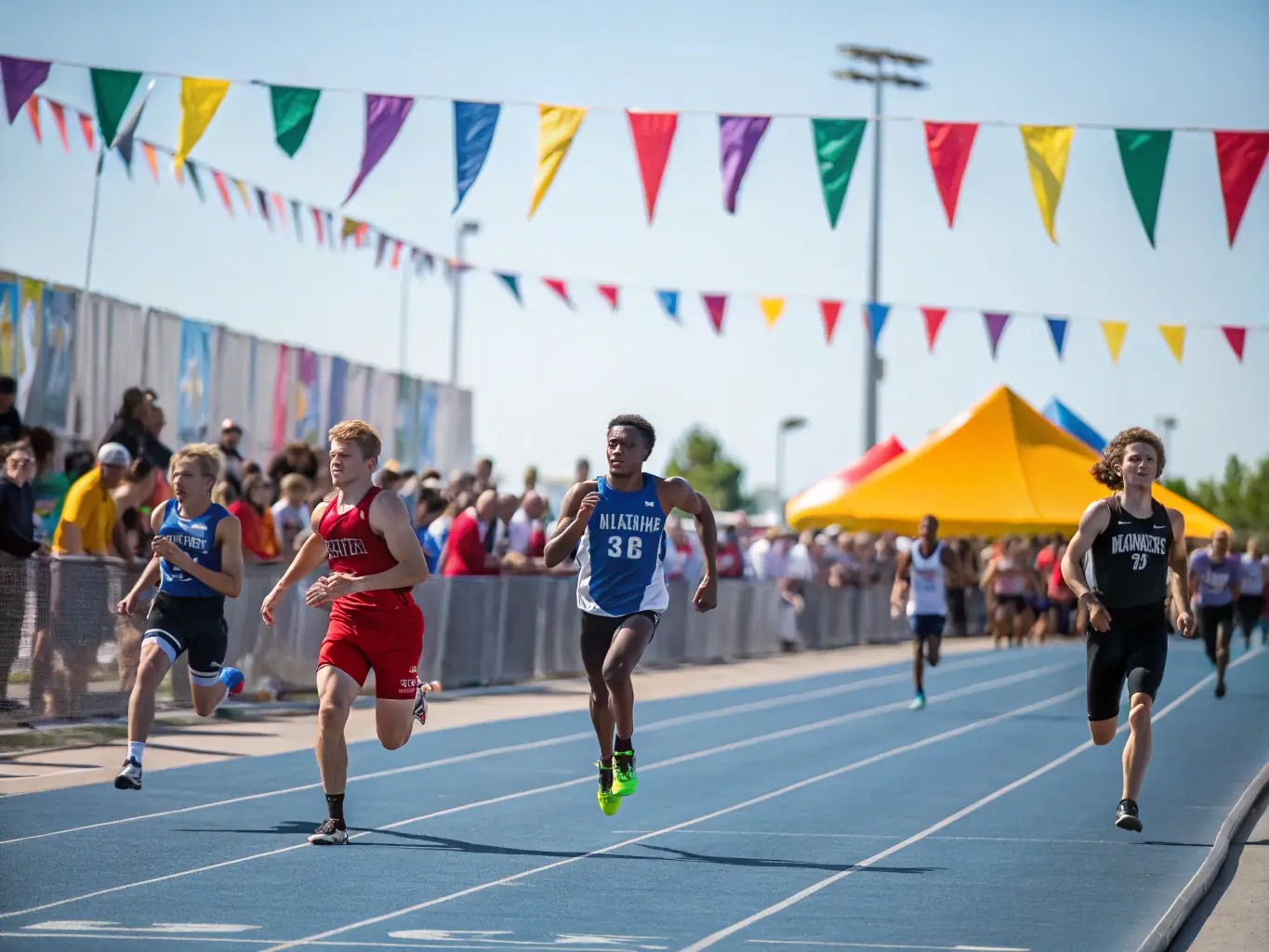Children participating in a track and field event on a school track, with coaches providing instruction and support. The scene is dynamic and action-packed.